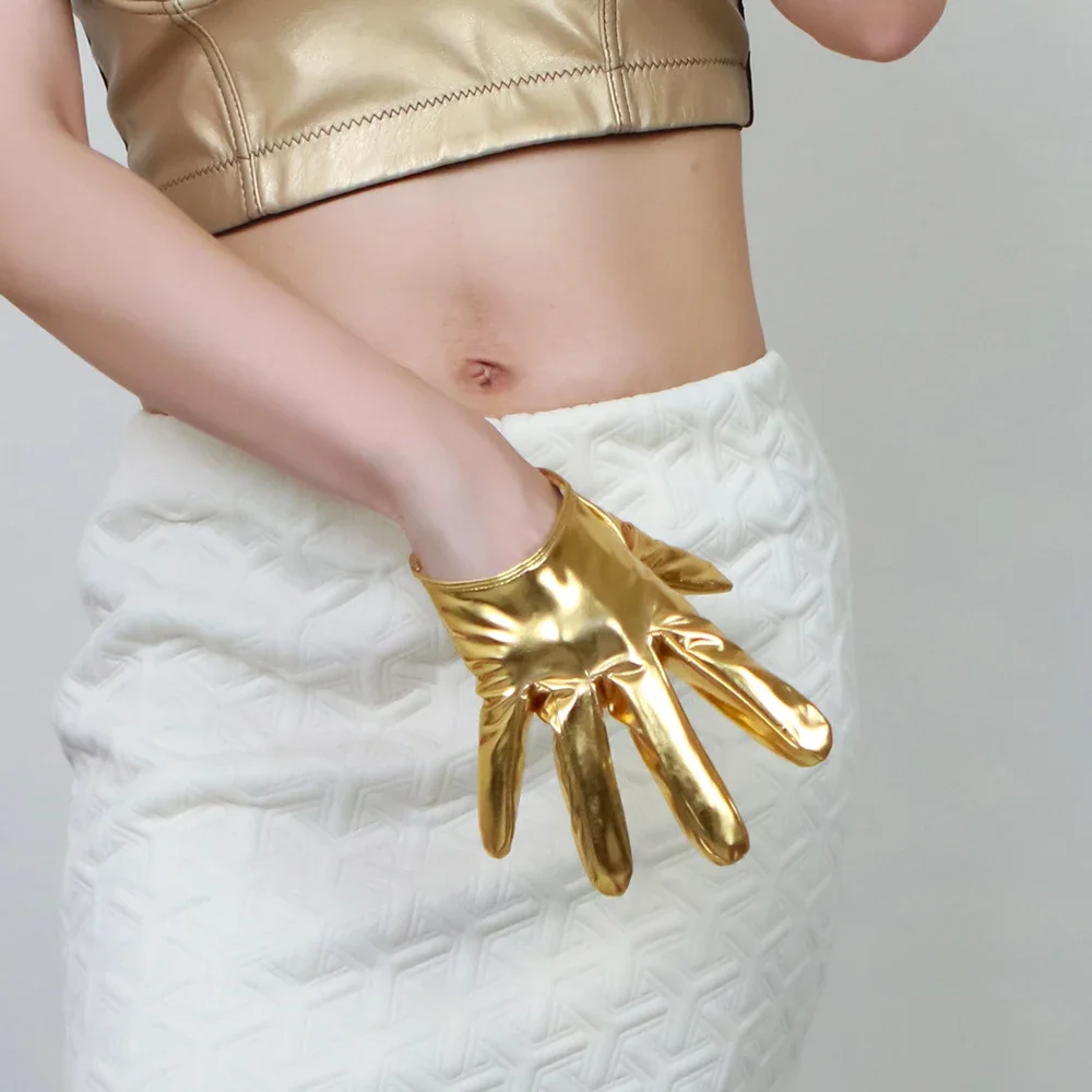 13cm skórzane rękawiczki damskie krótkie styl ze sztucznej owczej skóry damskie Pu czarne błyszczące czerwone impreza w klubie nocnym Cosplay Disco