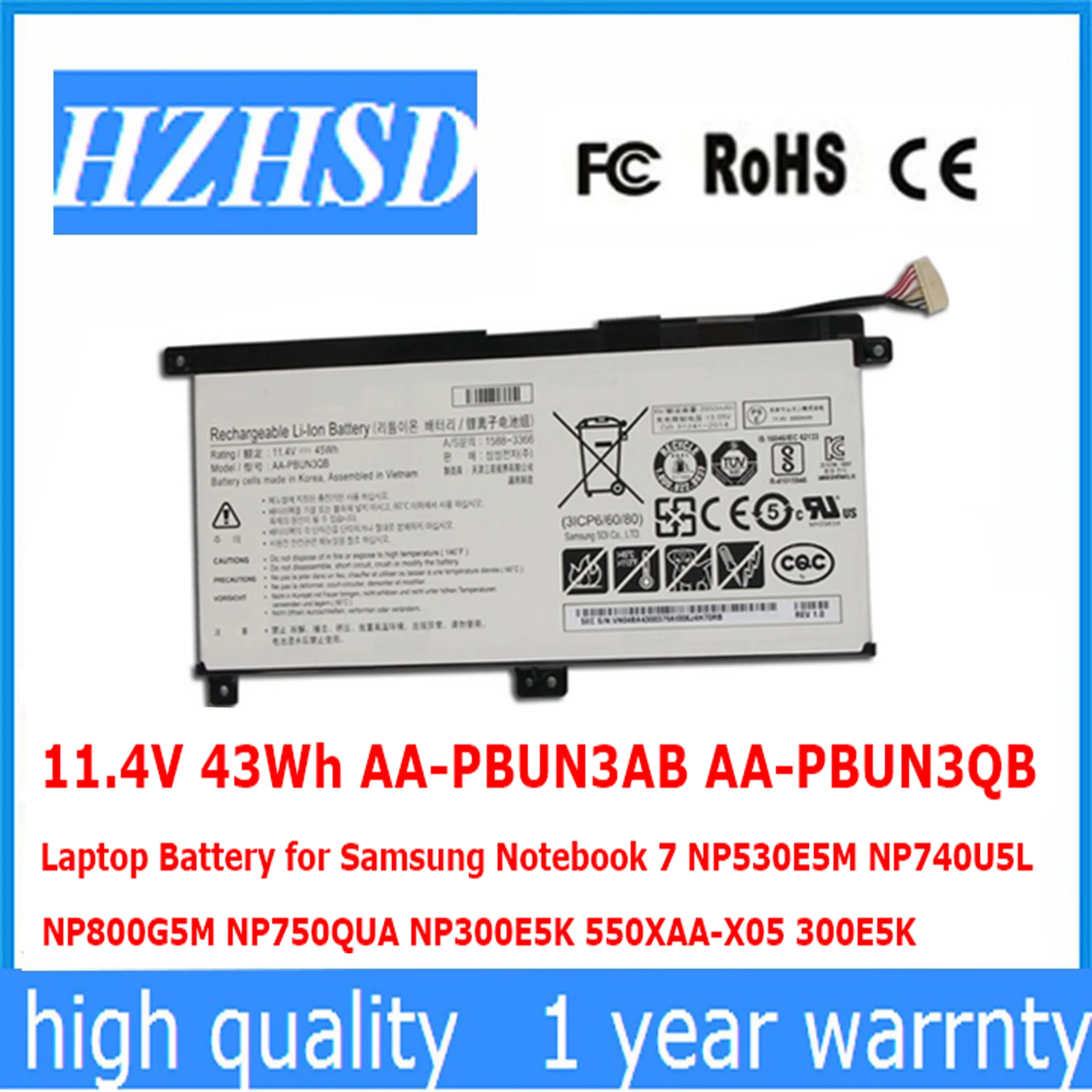 11.4V 43Wh AA-PBUN3AB AA-PBUN3QB Laptop Battery for Samsung Notebook 7 NP530E5M NP740U5L NP800G5M NP750QUA NP300E5K 550XAA-X05