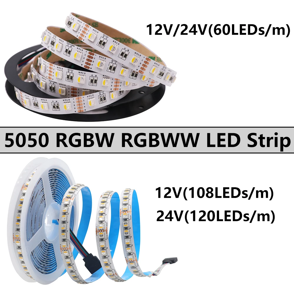 RGBWW RGBW LED Strip 12V 24V 60/108/120LEDs/m Waterproof IP21/65/IP67 Flexible 5050 LED Tape Ribbon For Room Decoration