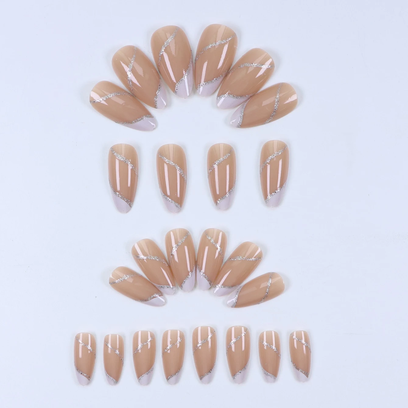 24PCS medium amandel nepnagels met zilver Vortex-ontwerp, witte Franse puntige nepnagels, herbruikbare acrylnagels - afbeelding 2