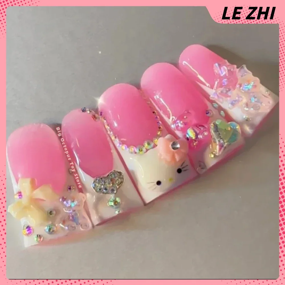 Hello Kitty Duck-Bill Shape Zebra-Stripe French Nails Euro-American Y2K Artifical High Quality Fake Nail Party Stickers