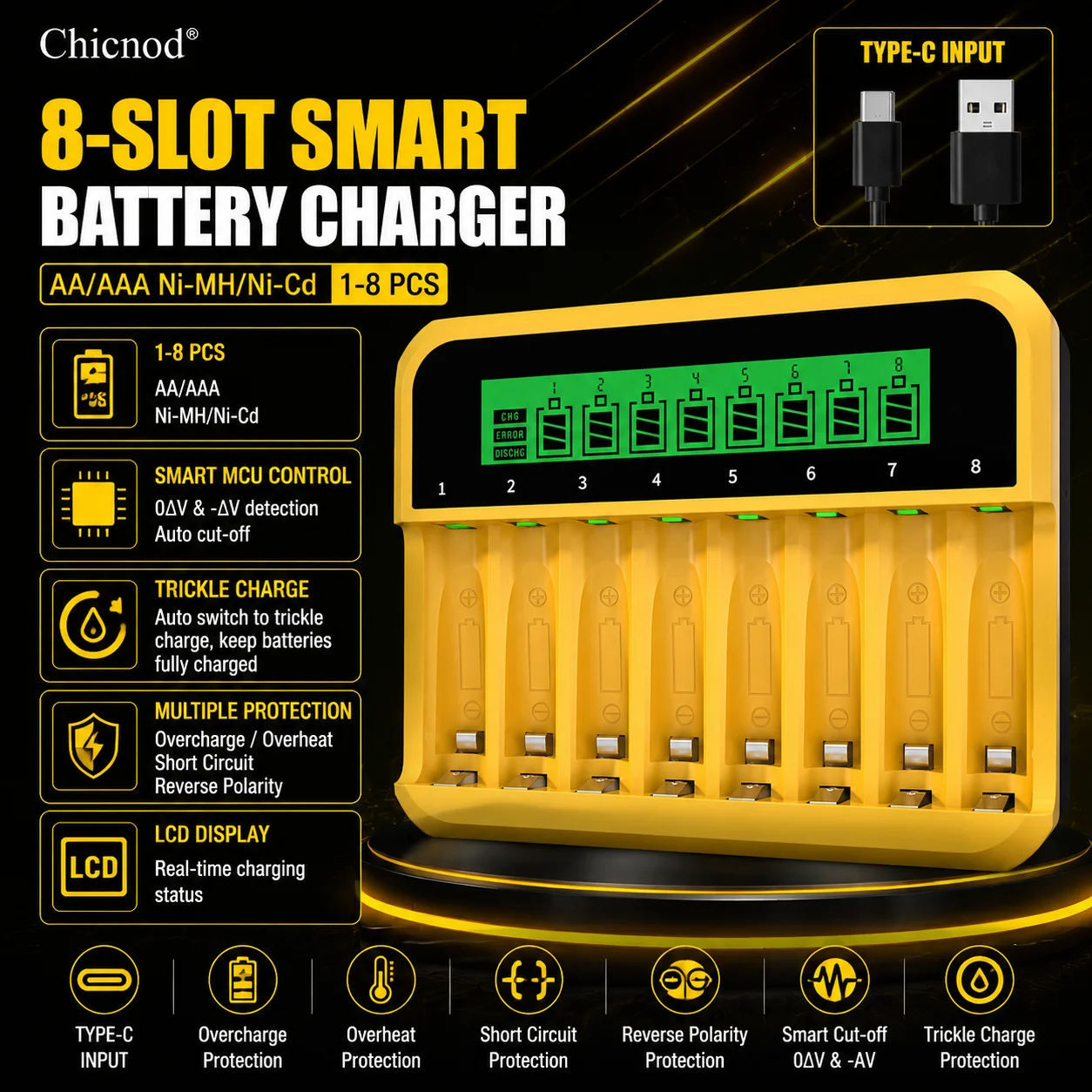 Chicnod LCD023 AA AAA Ni-MH Ni-Cd Battery Charger 8 Slot LCD Display USB Type-C Smart Charger for Rechargeable Batteries