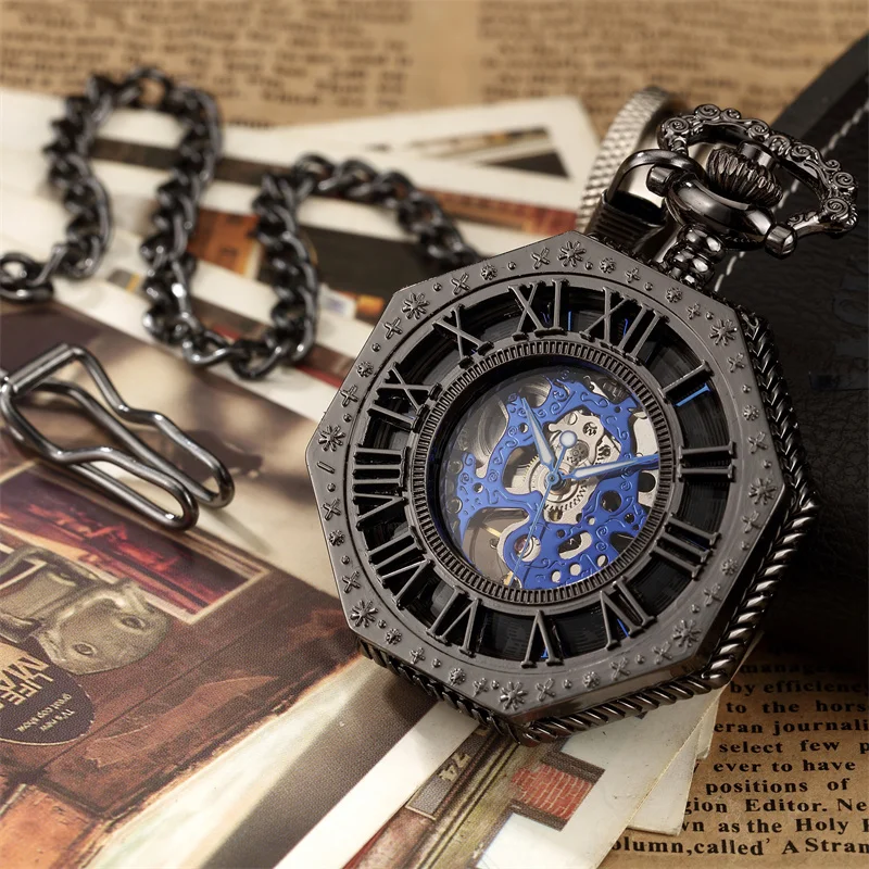 Orologio da tasca meccanico esagonale classico Ramadan, catena FOB, quadrante romano Steampunk, orologio da tasca da uomo in acciaio cavo dorato scheletrato