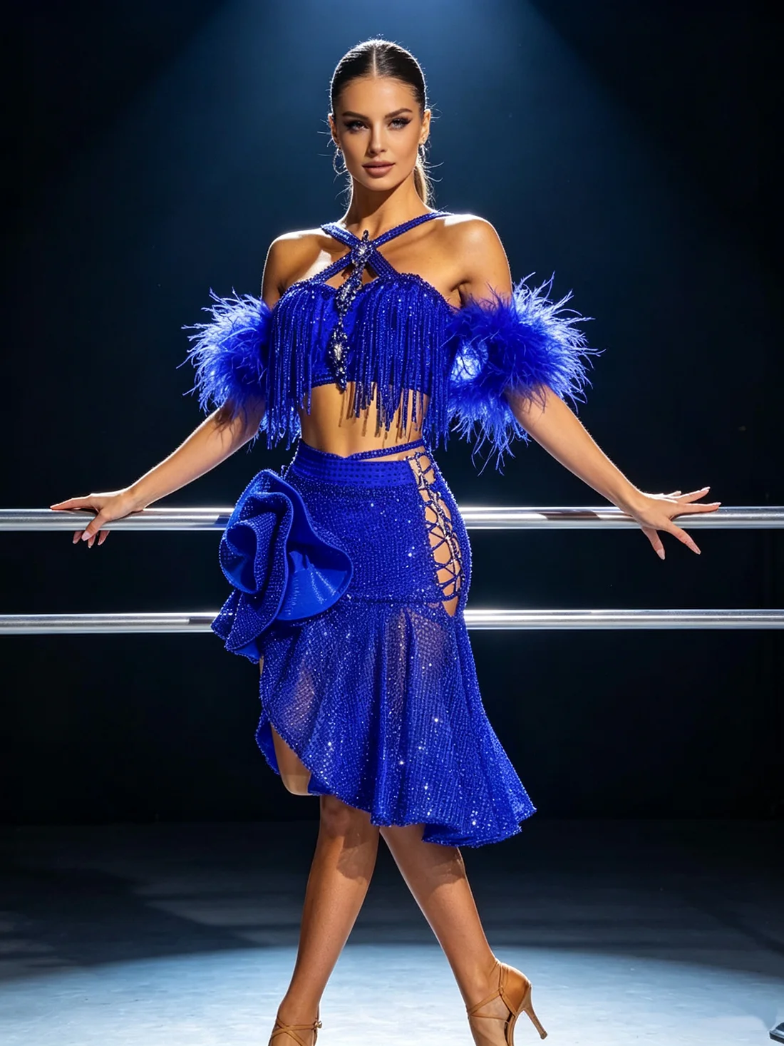 Latin Dance National Standard Dance Competition Clothing High end Customized Plush Sleeves Super Flash Skirt Samba Women's Dress