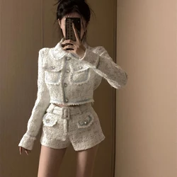 Cute Autumn Elegant Shorts 2 Piece Set Women Outwear Casual Crop Tops Coat + Office Lady Y2k Shorts Female Korean Fashion Suit