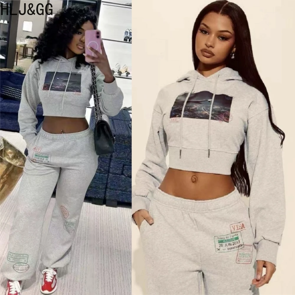 

HLJ&GG Casual Autumn Pattern Print Hooded Two Piece Sets Women Long Sleeve Crop Top And Jogger Pants Outfits Female Tracksuits