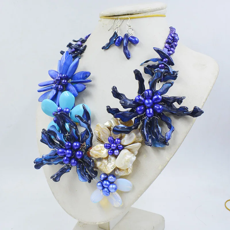 Exquisite, charming Wedding Jewelry Blue Shell Flower Necklace New Design 20\