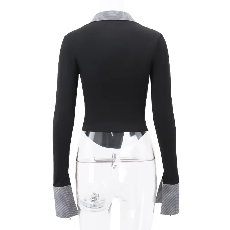 2025 가을 스트라이프 폴로 칼라 대비 크롭 탑 슬림핏 바디콘 니트 탑 - 클럽/스트리트웨어/데일리웨어를 위한 매운 소녀 의상