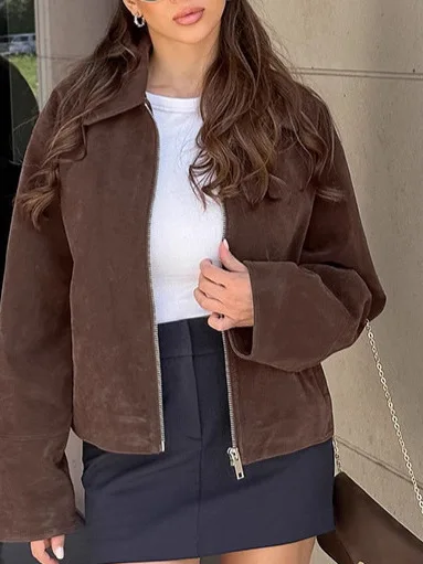 레트로 아메리칸 브라운 벨벳 라펠 루즈핏 아우터 지퍼 인조가죽 여성 코트 폴리에스터 섬유 롱 슬리브 컬러