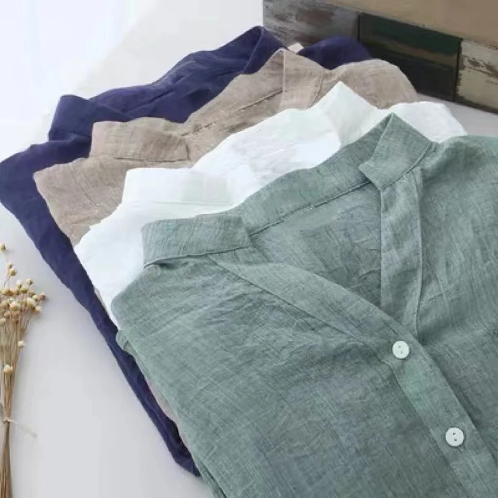 

Women's Linen Sun Protection Shirt Loose Seven-Quarter Sleeve Stand Collar Commute Style Pure Color Button Detail