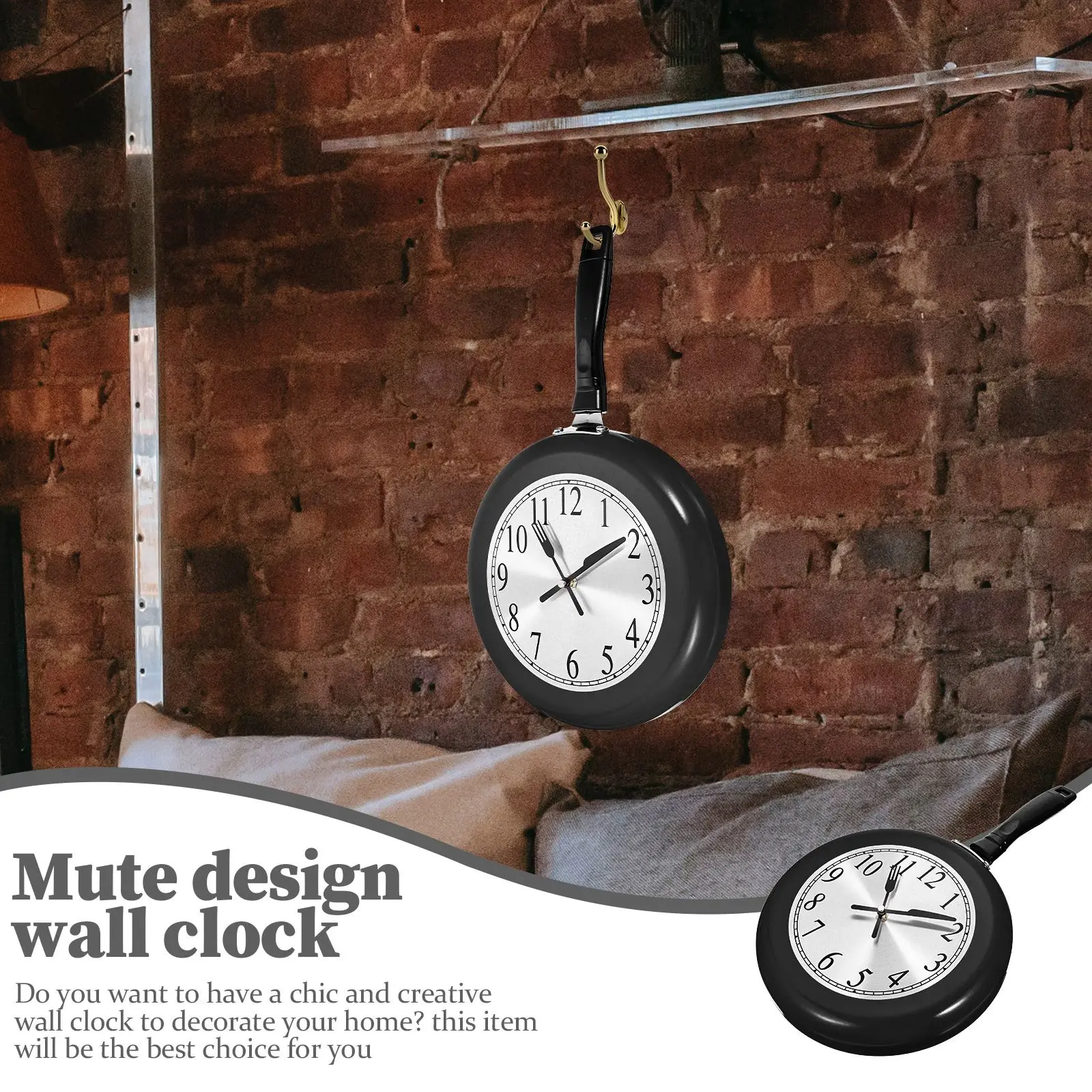 

Stainless Steel Wall Clock Silent Design Non-ticking Creative Decorative Frying Pan Kitchen Retro Home Powered