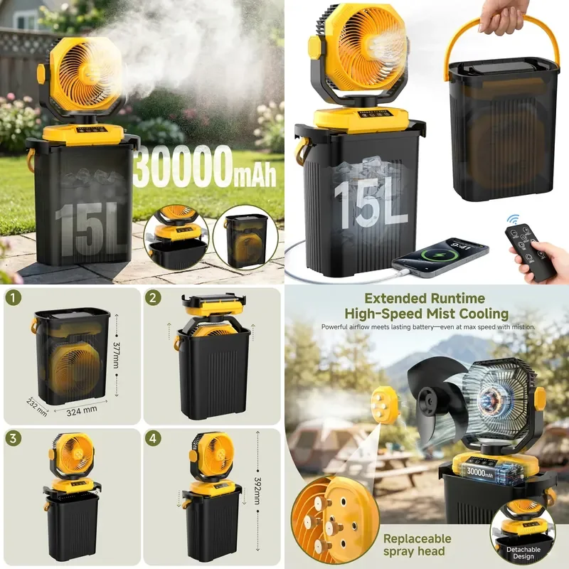 HY-8158C Rechargeable 30000mAh Auto Oscillation High Misting Camping Fan with LED Lantern and Timing Function