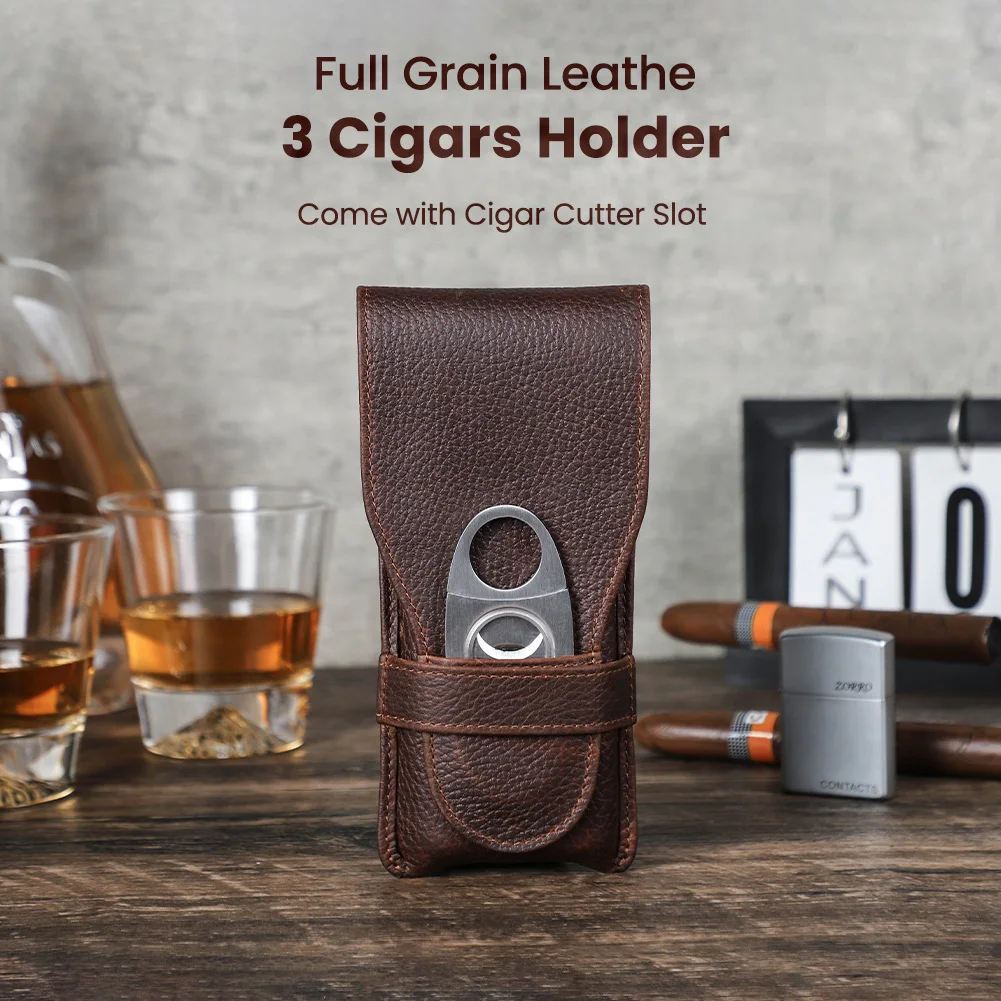 Vintage Genuine Leather 3-Finger Cigars Holder Portable Humidor Pouch Bag With Silver Stainless Steel Cutter Case For Men