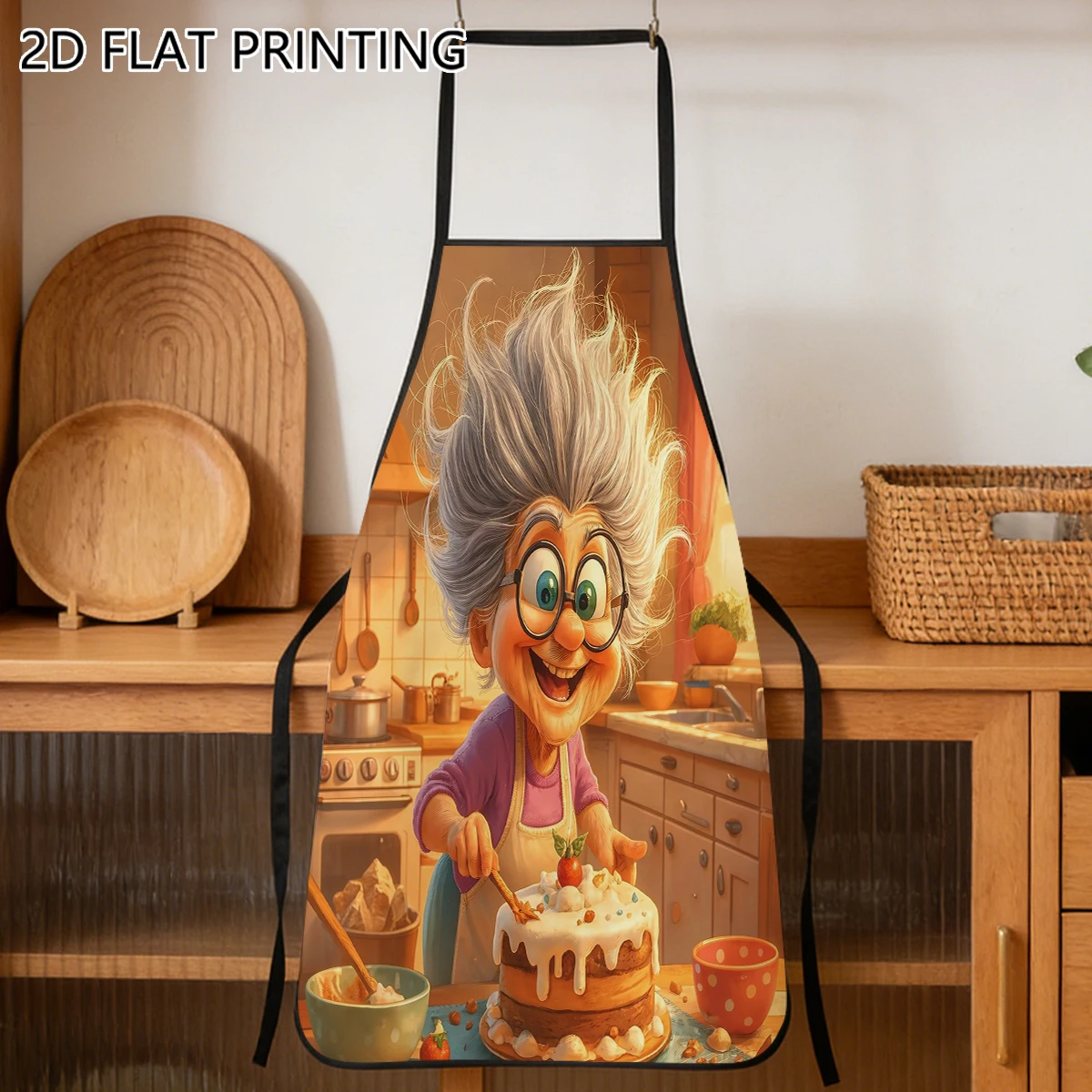 1pc Cartoon Grandma Baking Cake Pattern Apron For Baker Home Cooking Kitchen