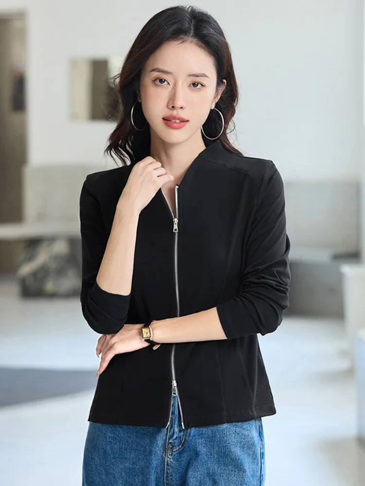 Nieuw Dames Kleine V-hals Staande kraag T-shirt Lente Herfst Mode Effen kleur Lange mouwen Basic T-shirts Casual Slim Cardigan met rits