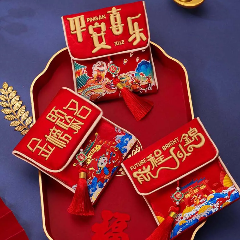 

Traditional Chinese New Year Red Wallet Polyester Embroidered Children's Money Bag Lion Dance Hongbao Lucky Money Packet
