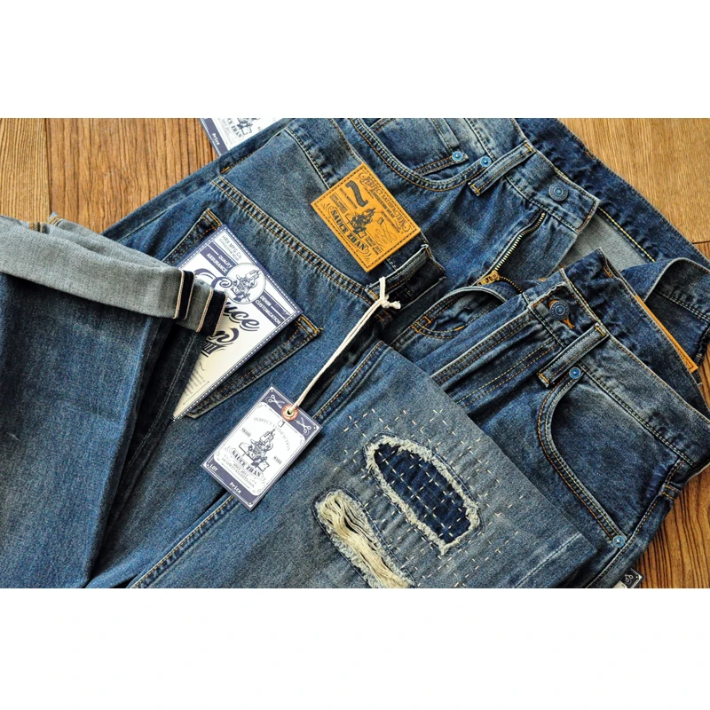 Sauce Zhan  Selvedge Denim Jeans Men Ripped Jeans Embroidered Patches Cargo Jeans Distressed  Straight Fit 10 Oz