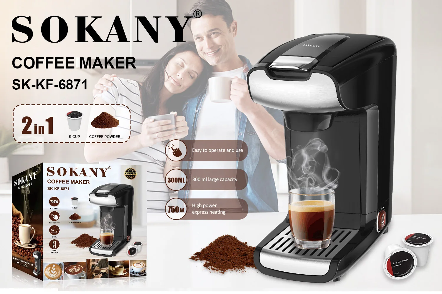 Houselin Serve Coffee Maker, llluminated buttonAutomatic power off，Adjustable drip tray height，600ML 750W