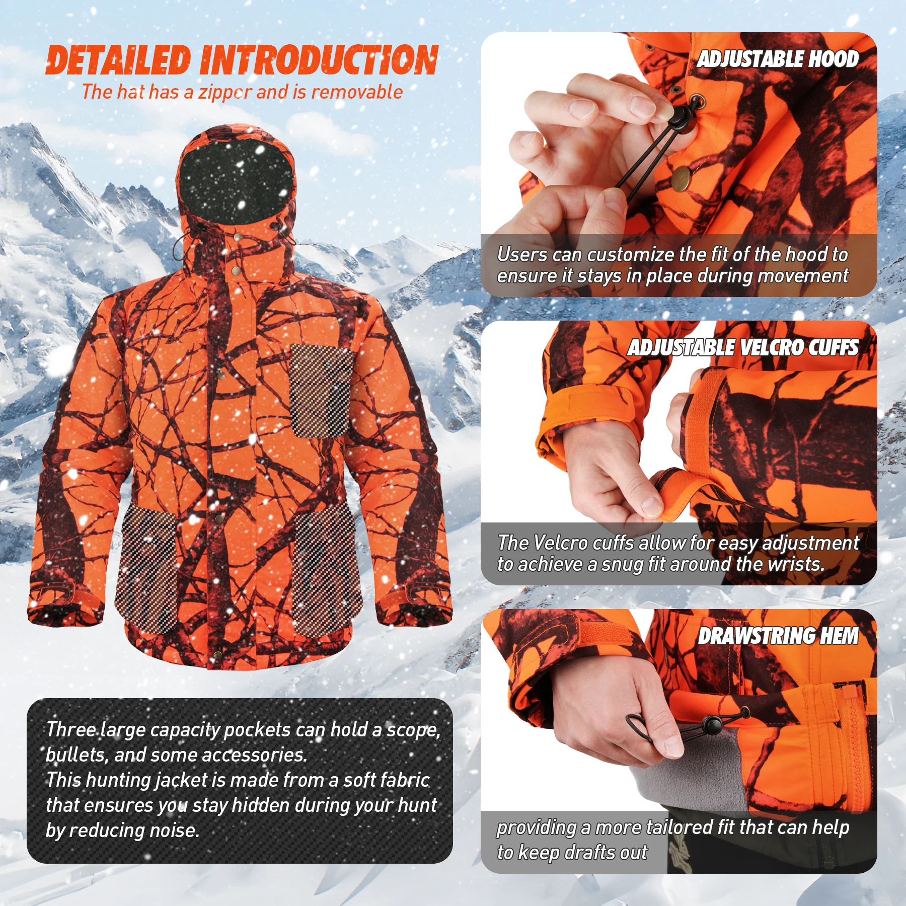 Hunting Jackets Men Outdoor Fishing Camping Hunting Clothing Autumn Winter Orange Camo Hoodie Coat Soft Windproof Tactical Coats