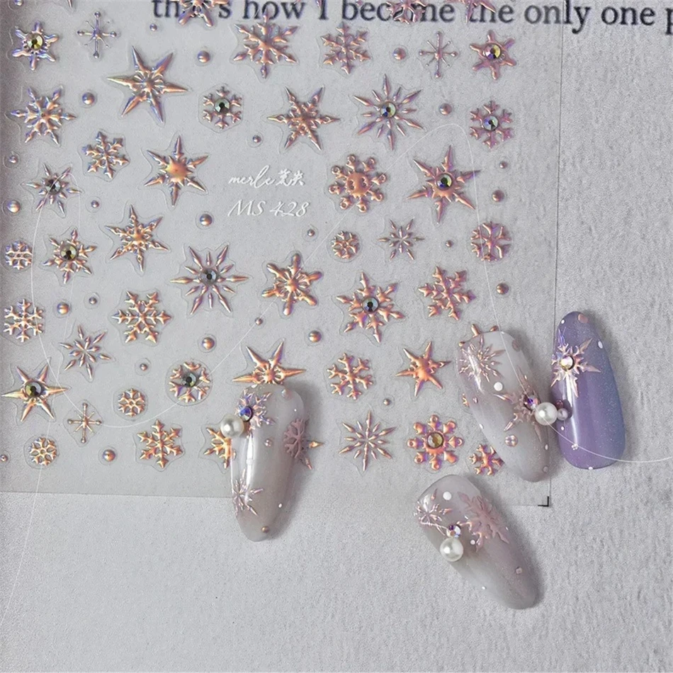 5D Laser Winter Schneeflocke Weihnachten Glänzende Strass Geprägte Relief Selbstklebende Nail art Dekoration Aufkleber Maniküre Aufkleber – Detail 8