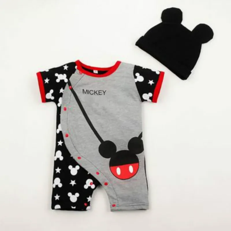 Spring Baby Rompers+Hat 2pcs Set Cartoon Mickey Minnie Boys Girl Jumpsuit Infant Costumes Newborn Baby Clothes Lovely Baby Suits