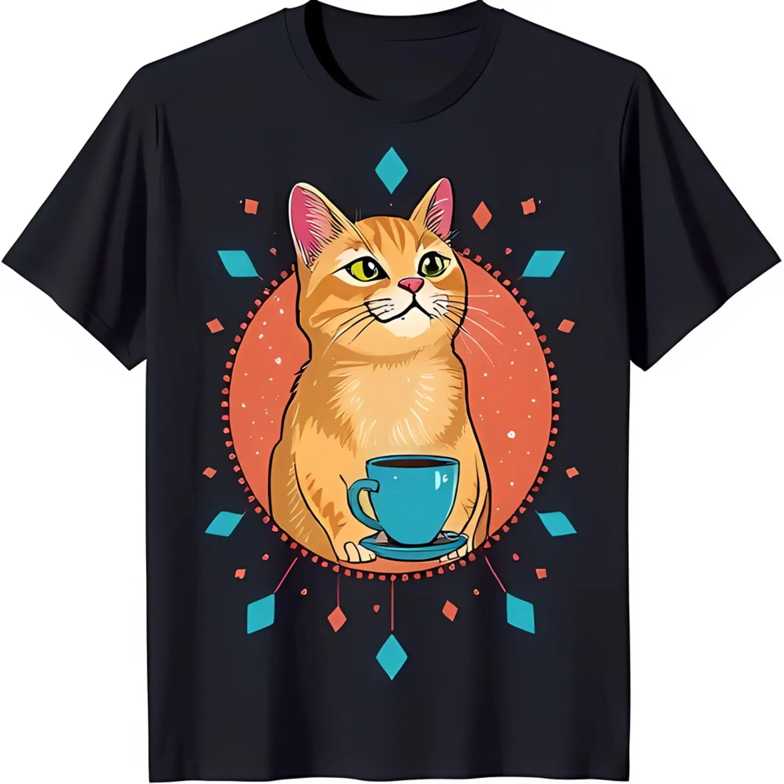 Colorful Cat and Coffee Graphic Black T-Shirt for Cat Lovers