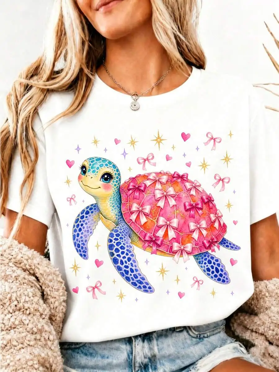 2026 New Fashion Women Crew Neck Printed T-Shirt Colorful Turtle Print Soft Breathable Comfort Vintage Autumn Casual Stylish Tops Basic Top T-Shirt