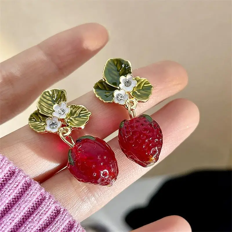 Strawberry Drop Earrings for Women Cute Red Fruit Shaped Jewelry with Green Leaf Design for Daily Wear and Gifts
