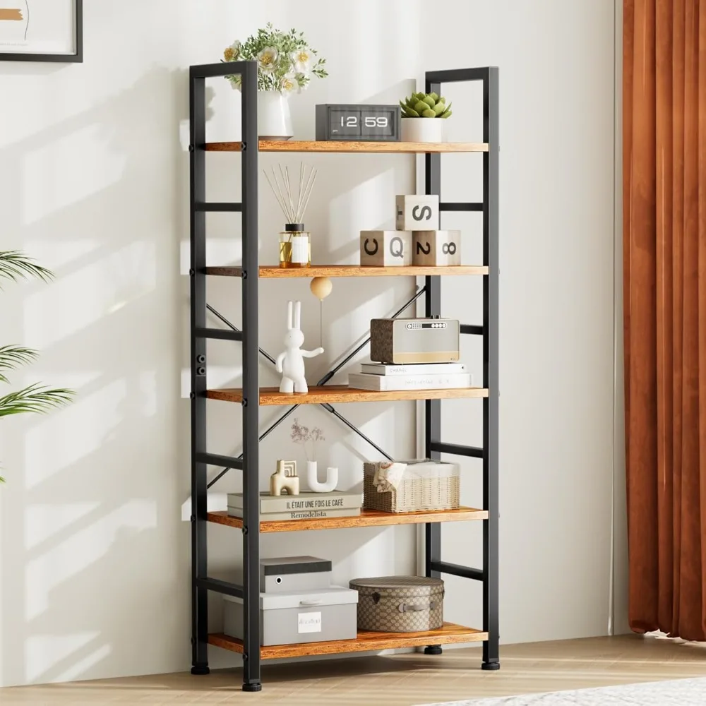 Book Shelf, 5 Tier Bookcase, Tall Bookshelf Modern Book Case for BooksGarage KitCDs,Movies,Industrial Corner Storage Organizer