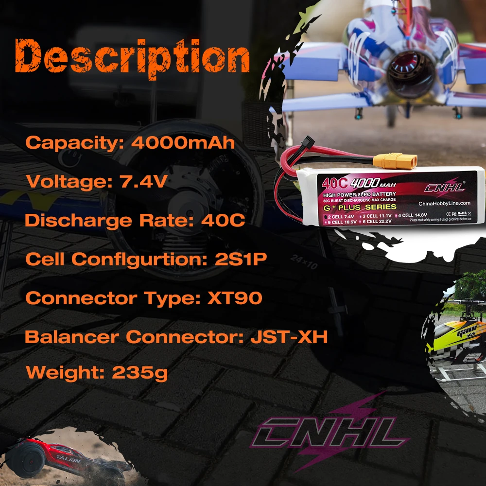 2PCS CNHL 7.4V 2S Lipo Battery 4000mAh 40C With XT90 Plug For RC Car Rock Crawlers Monster Stadium Trucks Airplane Helicopter