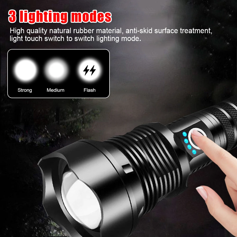 Tactical Powerful Flashlight P70 30W Camping Hand Lamp USB Rechargeable Lantern Zoom Long Shot Torch 2*26650 Battery Flash Light