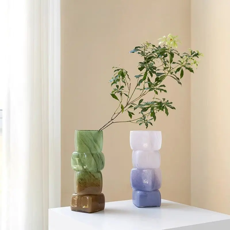 Glass Vase Modern Decorative Glass Vases for Flower Geometric Square Flower Vase for Wedding Centerpieces Home Living Room Decor