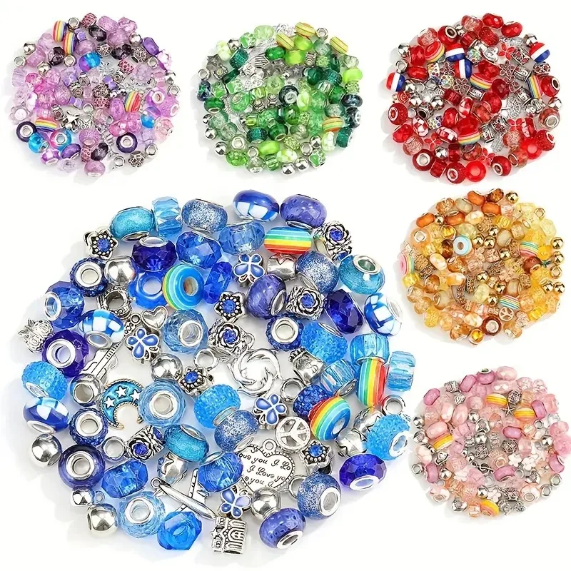 40pcs Various European-style Beads Large-hole Crystal Glass Spacer Beads Colorful Antique Silver Rhinestone DIY Snake Chain