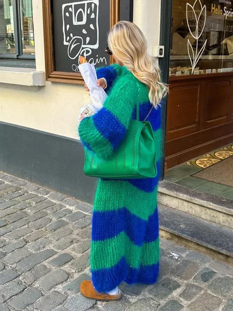 Cárdigan largo a rayas para mujer, suéter de manga larga farol, abrigo de punto holgado de gran tamaño, ropa de calle Chic, moda de otoño