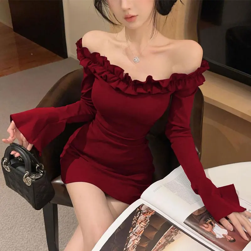 

Fashion Folds Spliced Mini Dress Spring Autumn Solid Color Female Clothing Vintage Slash Neck Aura Elegant Waist Bag Hip Dresses