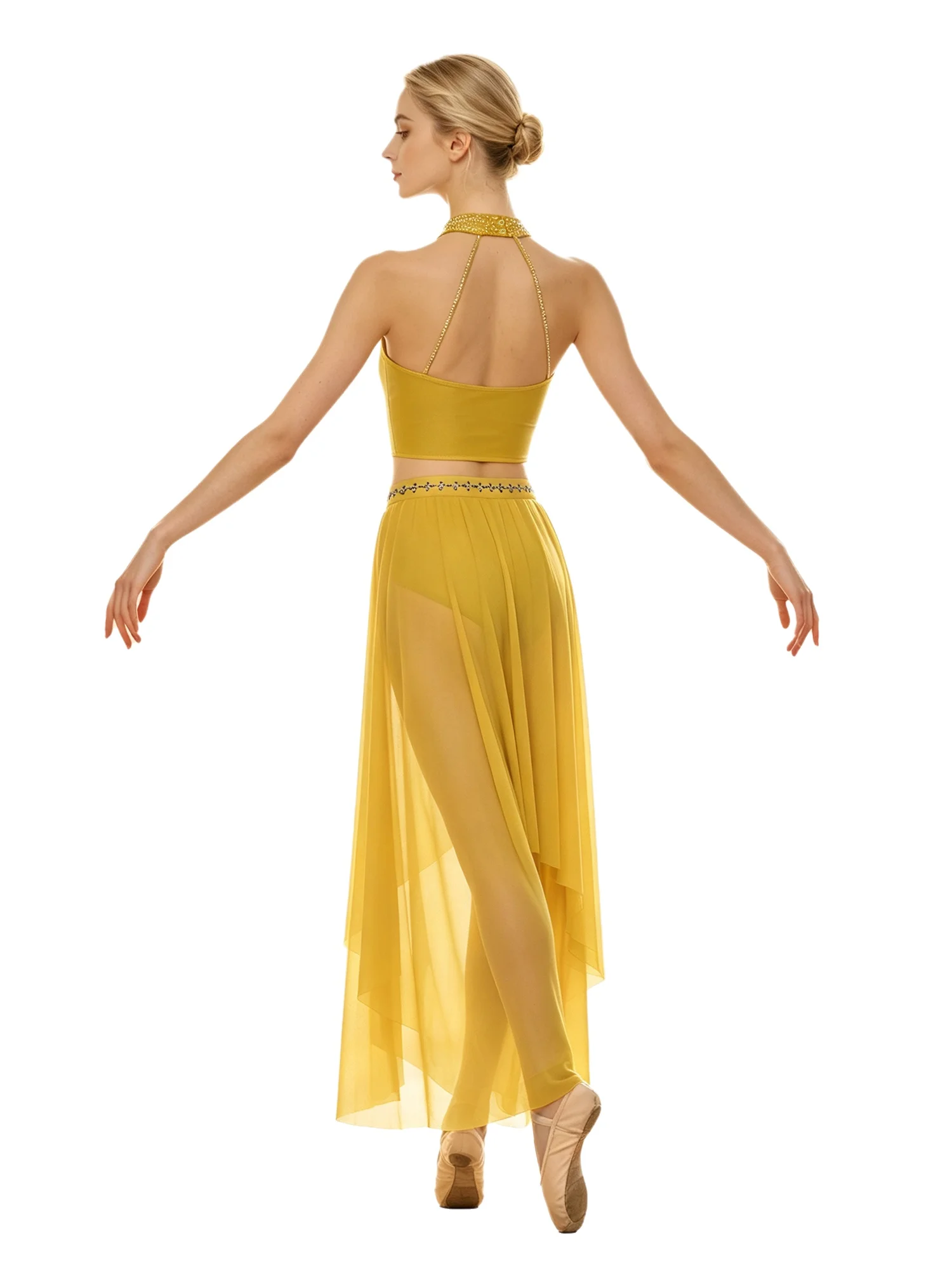 Women Shiny Rhinestones Modern Lyrical Dance Costume Crop Tops And Overlay Wide Leg Mesh Pants for Tango Samba Salsa Latin Dance
