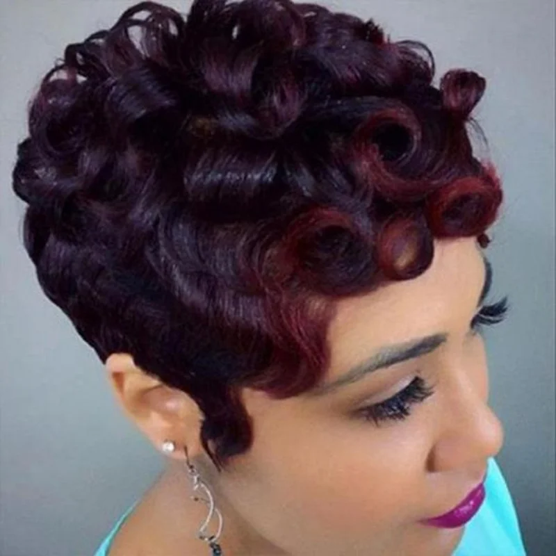 Red Short Pixie Cut Wig Human Hair Burgundy Full Machine Made Wigs For Black Women Deep Wave Short Bob Wigs