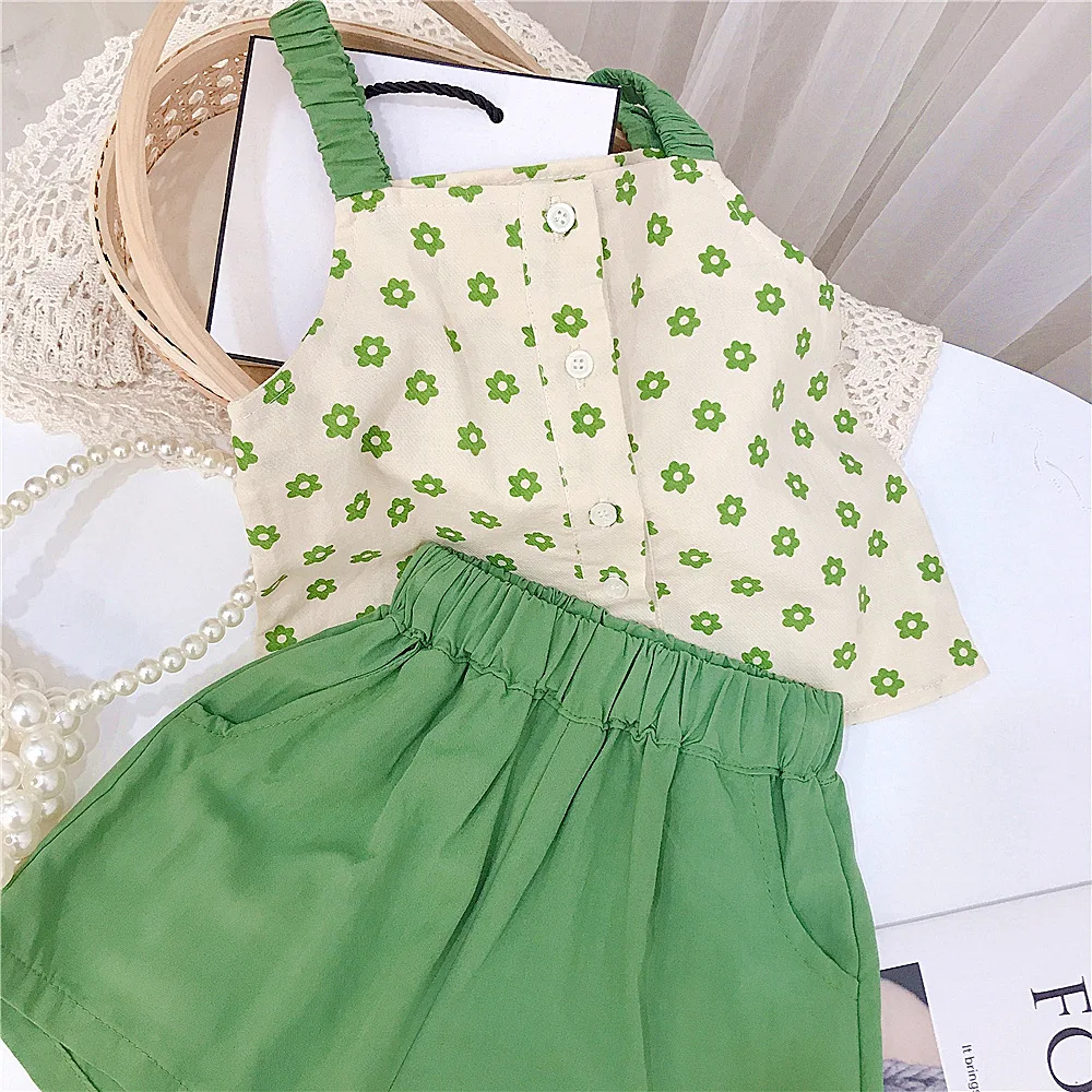 Summer Little Girl Korean Style Cute Set Baby Girl Walking Floral Halter Two-piece Sets Children\'s Casual Home Vacation Clothing