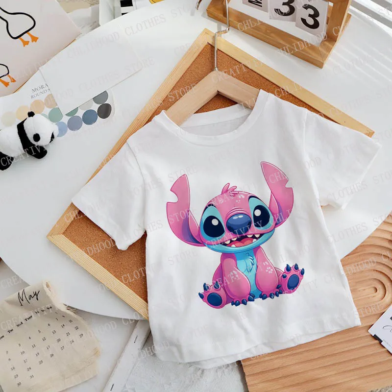 Stitch T-shirts Children Disney for Girl Boy Clothes Tee Shirt Kawaii Cartoons Little Monster Kid Casual Short Sleeve Tops