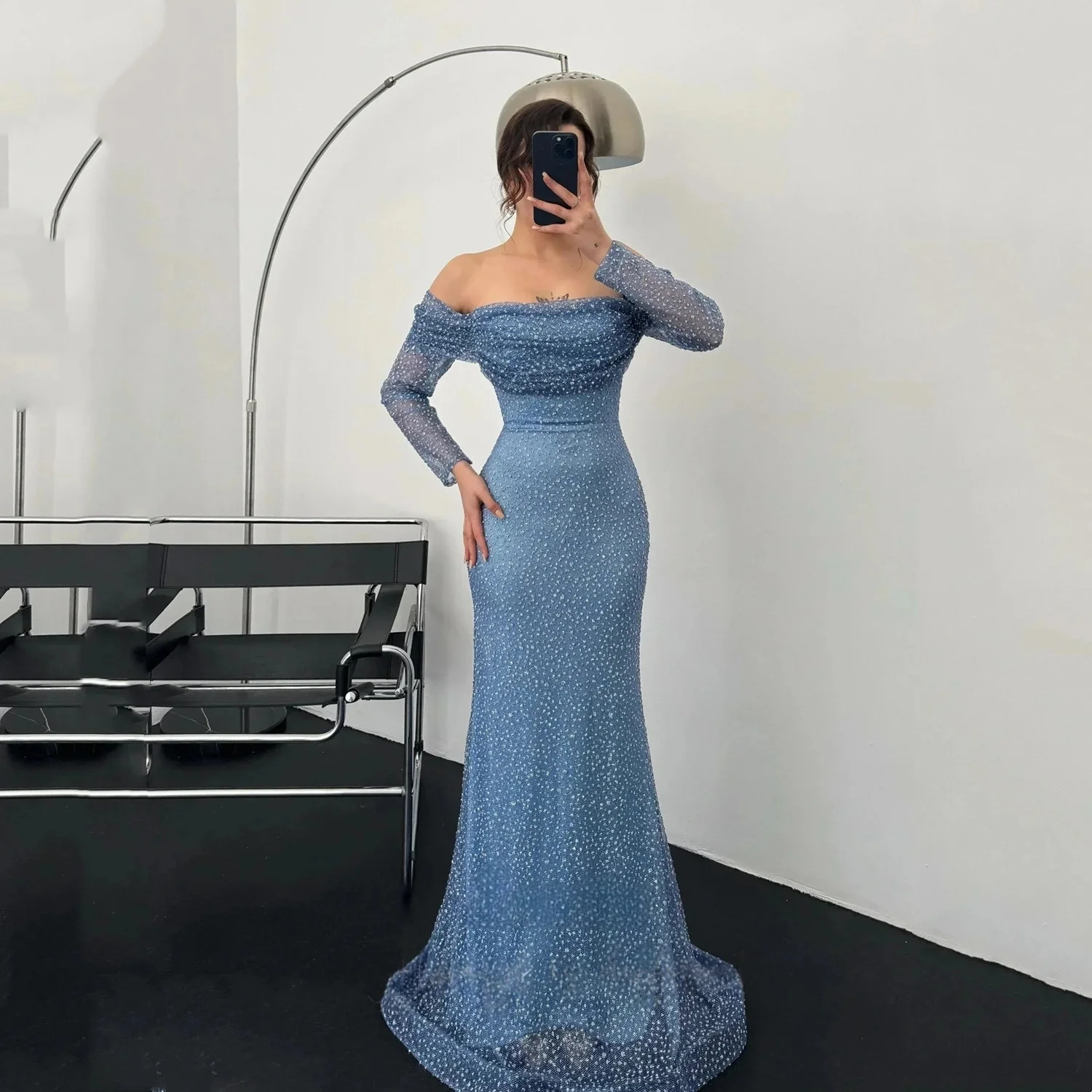 

Sparkly Party Long Sleeves Bespoke Occasion Gown Evening Dresses Prom Pastrol Unisex Jersey Retro Dubai Saudi Arabic Customized