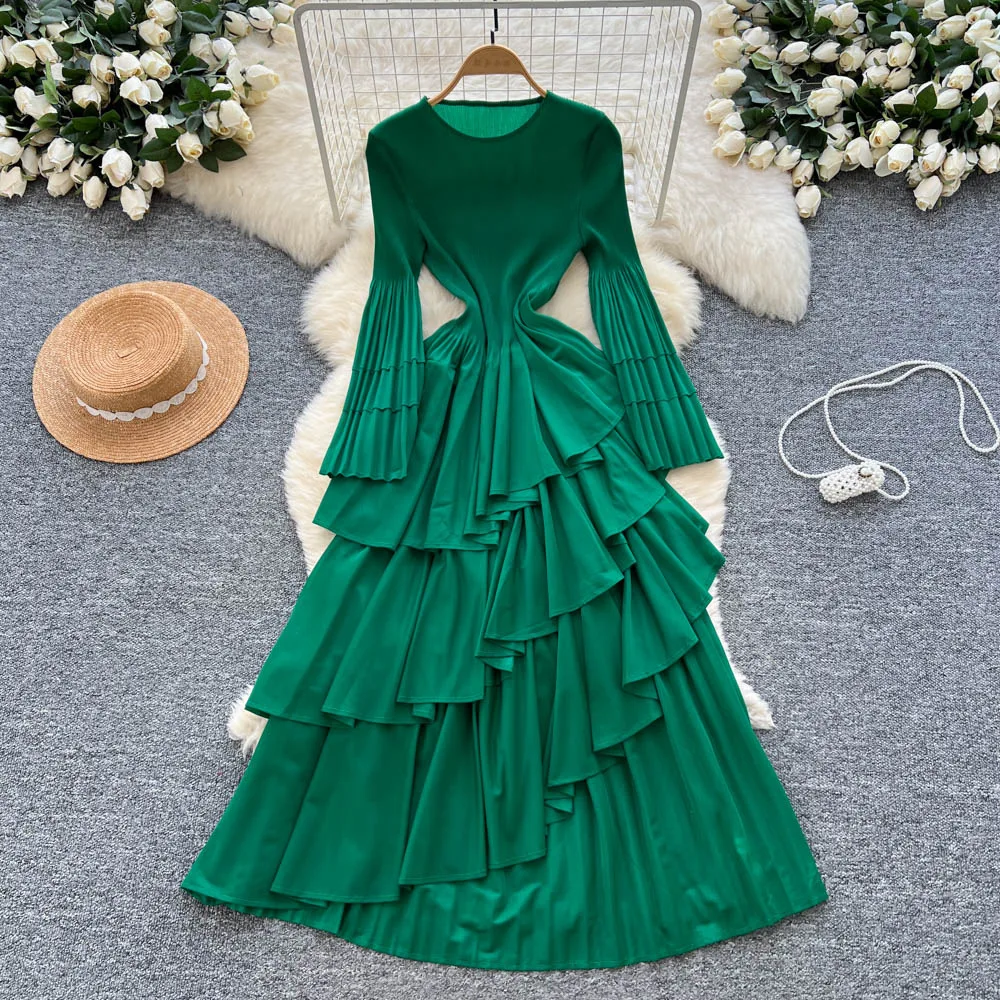 Women Long Dress Dresses A Line Vestidos Ruffles Irregular Party Night Streetwear Round Neck Full Sleeve Elegant Y2k Work