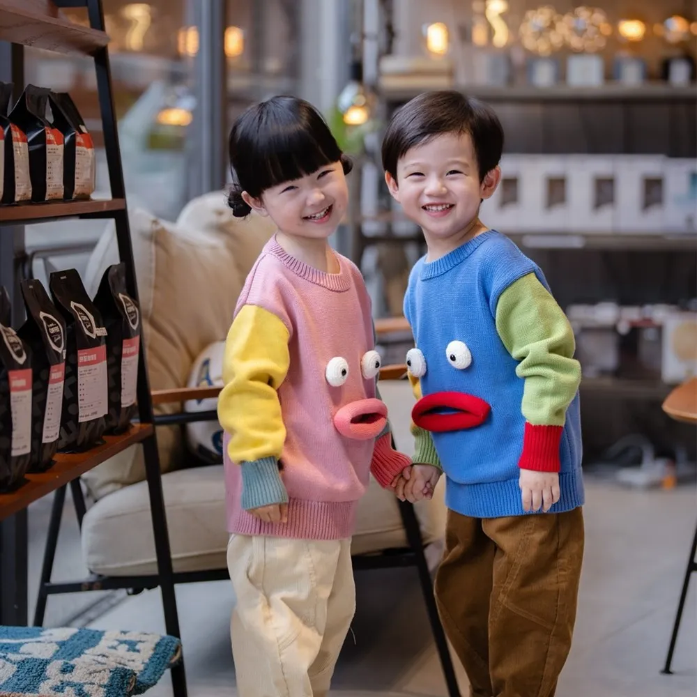 

Autumn winter kids girls clothes baby tops Girls' knitted sweater Cartoon and interesting mouth shaped sweater