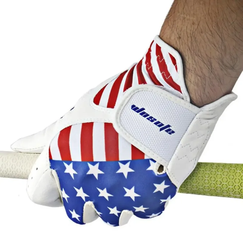 1Pc Golf Glove Adjustable Closure American Flag Pattern Wear Resistant Synthetic Leather Golf Glove for Men White Gloves