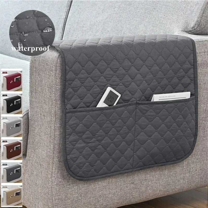 Quilted Plaid Sofa Armrest Cover Waterproof Arm Couch Cover with Storage Pocket Solid Color Furniture Protector for Living Room