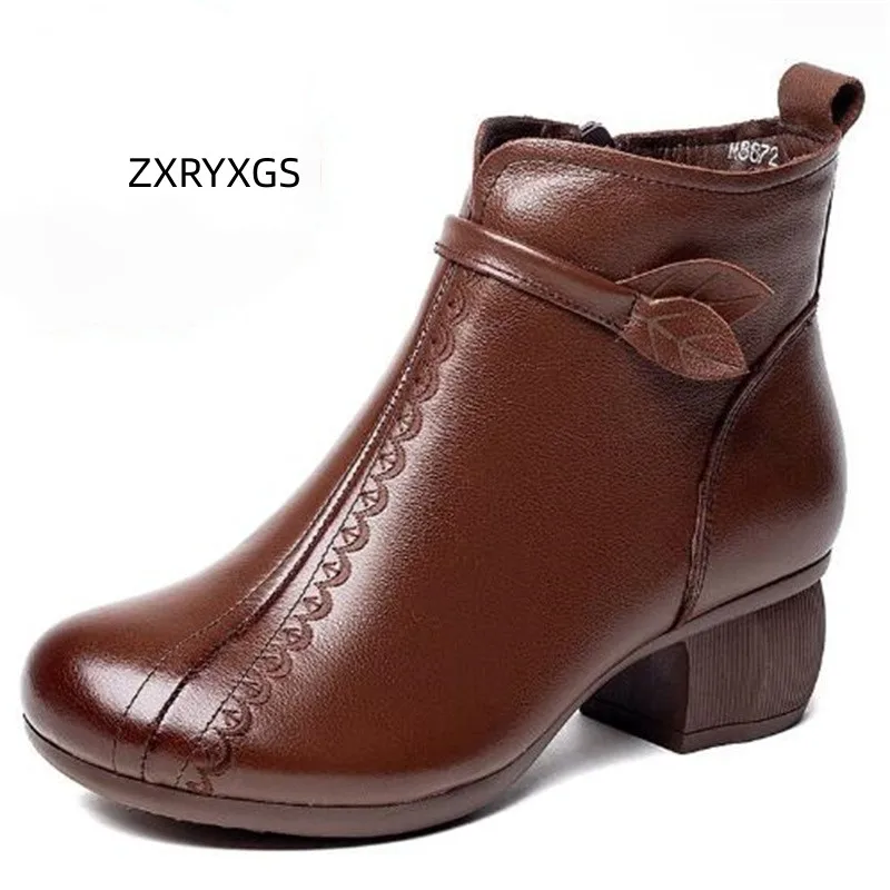 

ZXRYXGS Original Genuine Leather Autumn Winter Boots 2024 Elegant Fashion Thick Heels Anti Slip Warm Women Boots Snow Boots