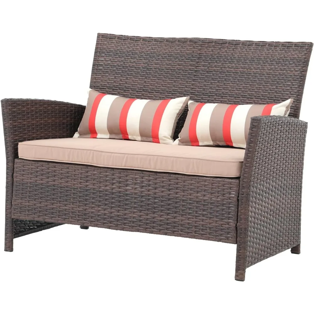 

Outdoor Wicker Loveseat with Cushions, 2 Seats Patio PE Rattan Sofa with Lumbar Pillows, Brown Wicker & Beige Cushions,