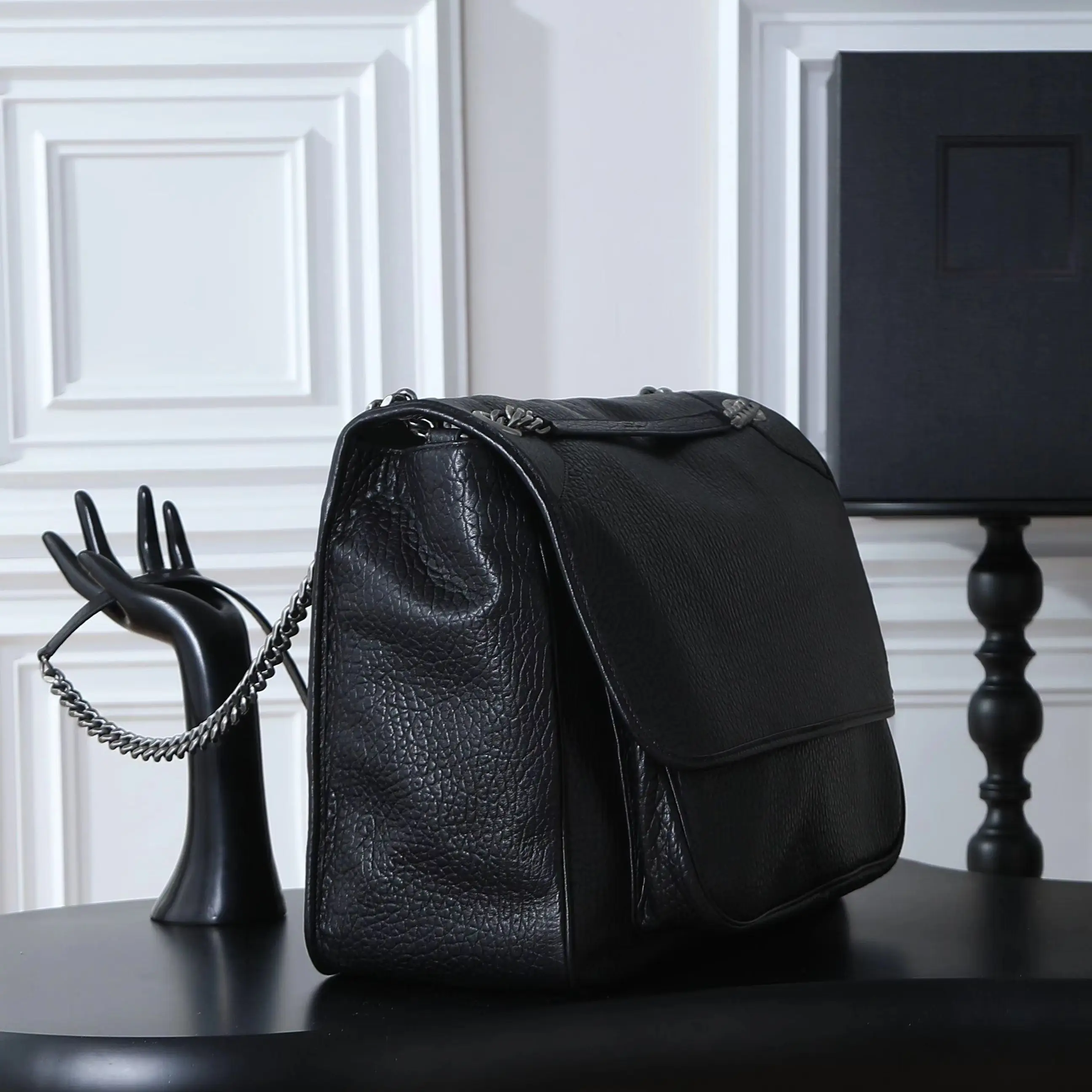 

Vintage Oversized Soft Grain Leather Crossbody Bag, Slouchy Casual Style with Wide Flap and Polished Silver Metal Chain.