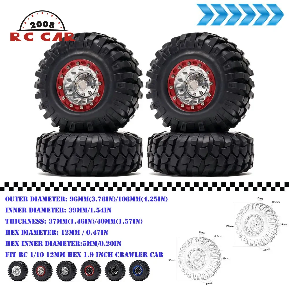 96/108mm Alloy 12mm Hex 1.9 inch Beadlock Wheel RimTire For RC Crawler 1/10 Axial SCX10 II 90046 Tamiya CC01 D90 Traxxas TRX4