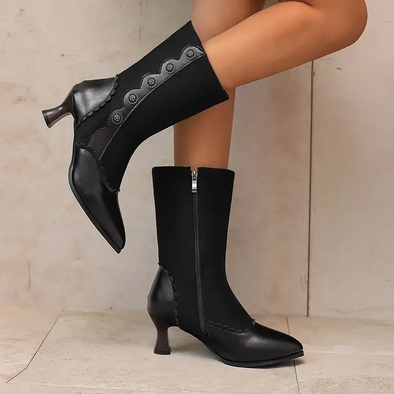 ORCHA LISA المرأة منتصف العجل الأحذية أشار تو 5.5 سنتيمتر كعب صغير سستة مختلط اللون المسامير عادية حجم كبير 46-48 أنثى عادية #3