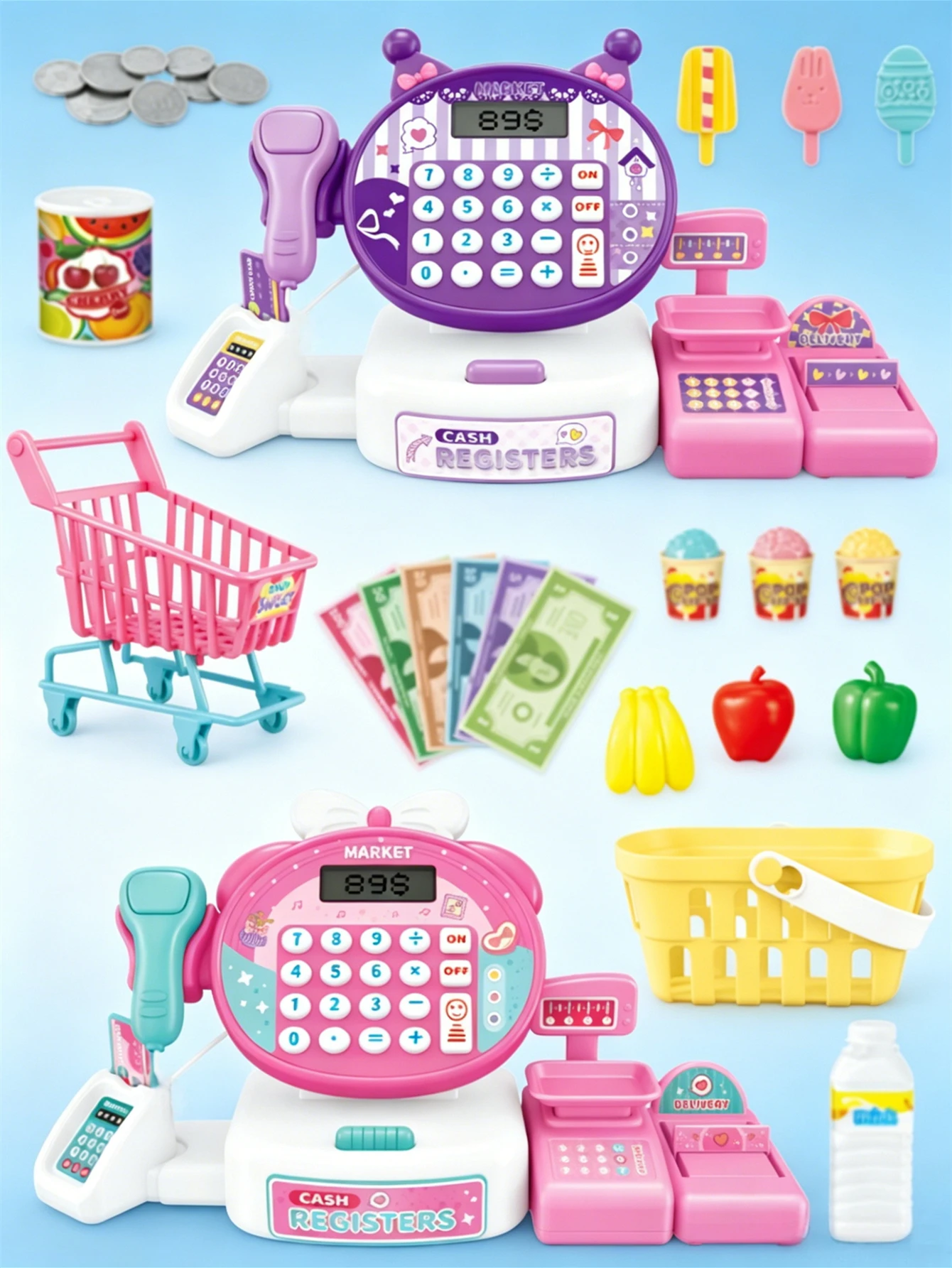 Mini Cartoon Cash Register with Lights:Supermarket Simulation with Scanning, Calculate,Cart—Interactive Parent-Child Toy Set